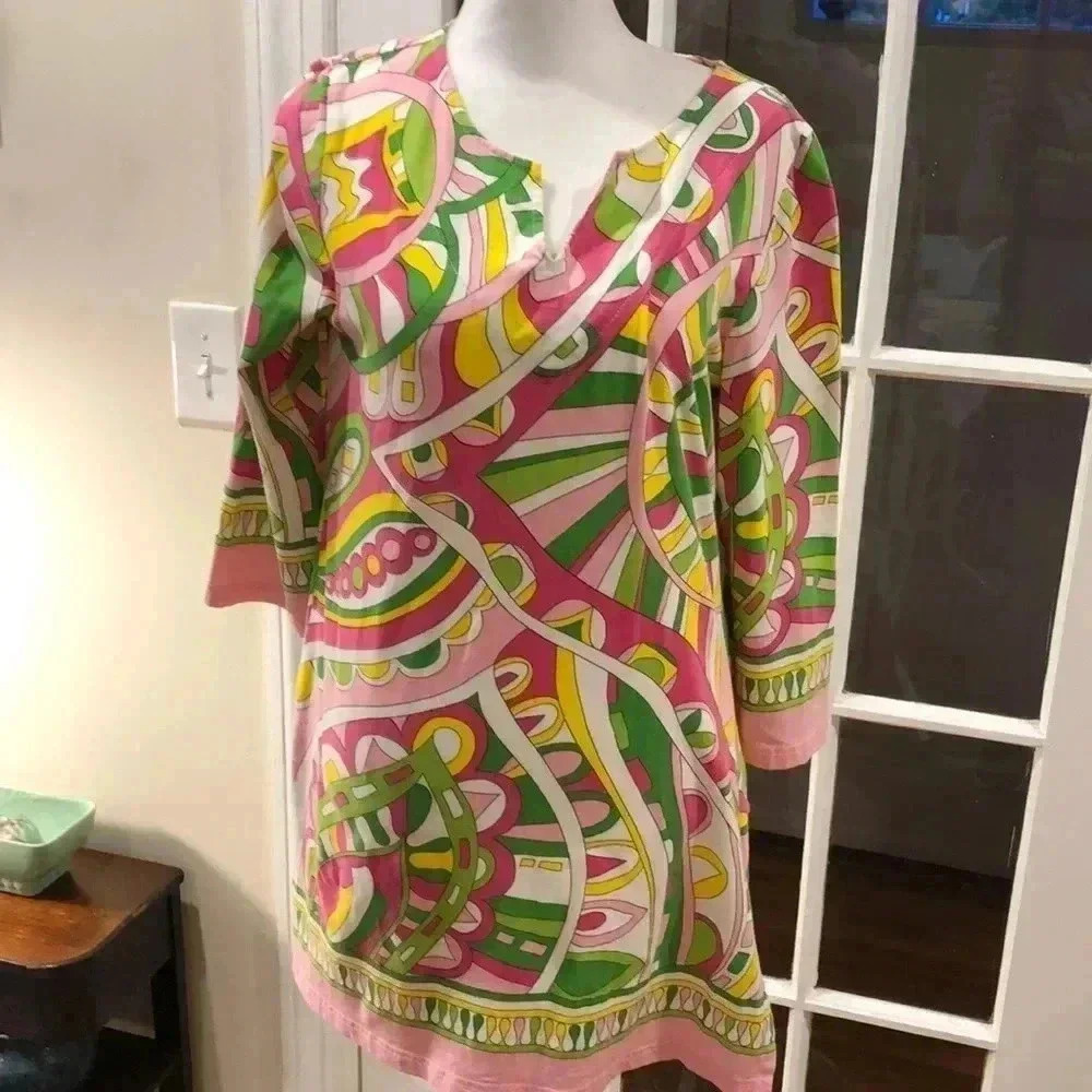 Barbara Gerwit pink, orange, white, and green geometric design dress. Size L